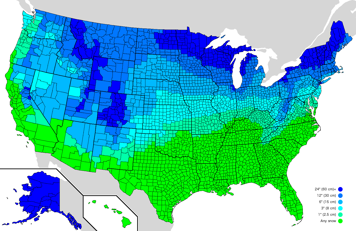 Snow Day Cancellation Threshold Map of US
